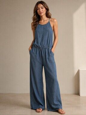 Wide-Leg Denim Jumpsuit in Washed Blue